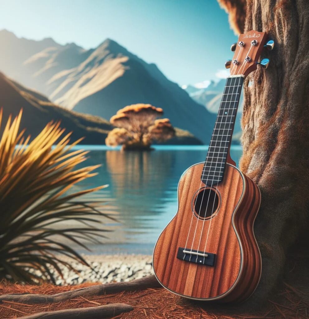 ukulele outdoors, leaning against a tree with a lake and mountains in the background