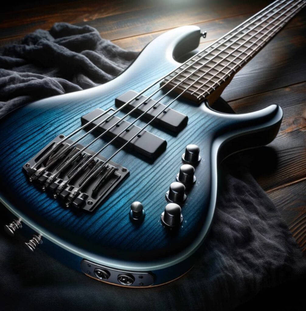 a Yamaha TRBX174 DBM Electric Bass Guitar with an angular body shape, a deep blue metallic finish