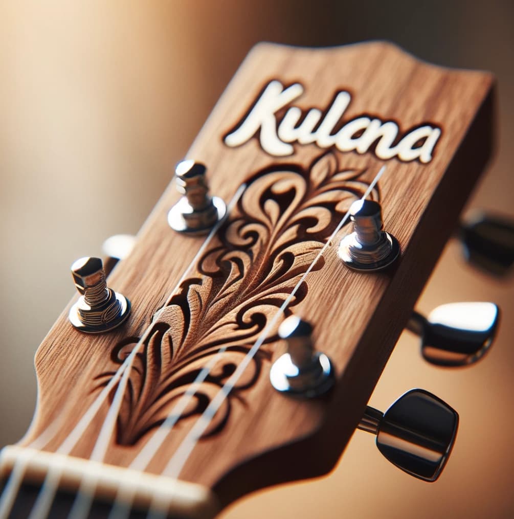 Kulana Ukulele's headstock, showcasing the intricate carving and elegant branding