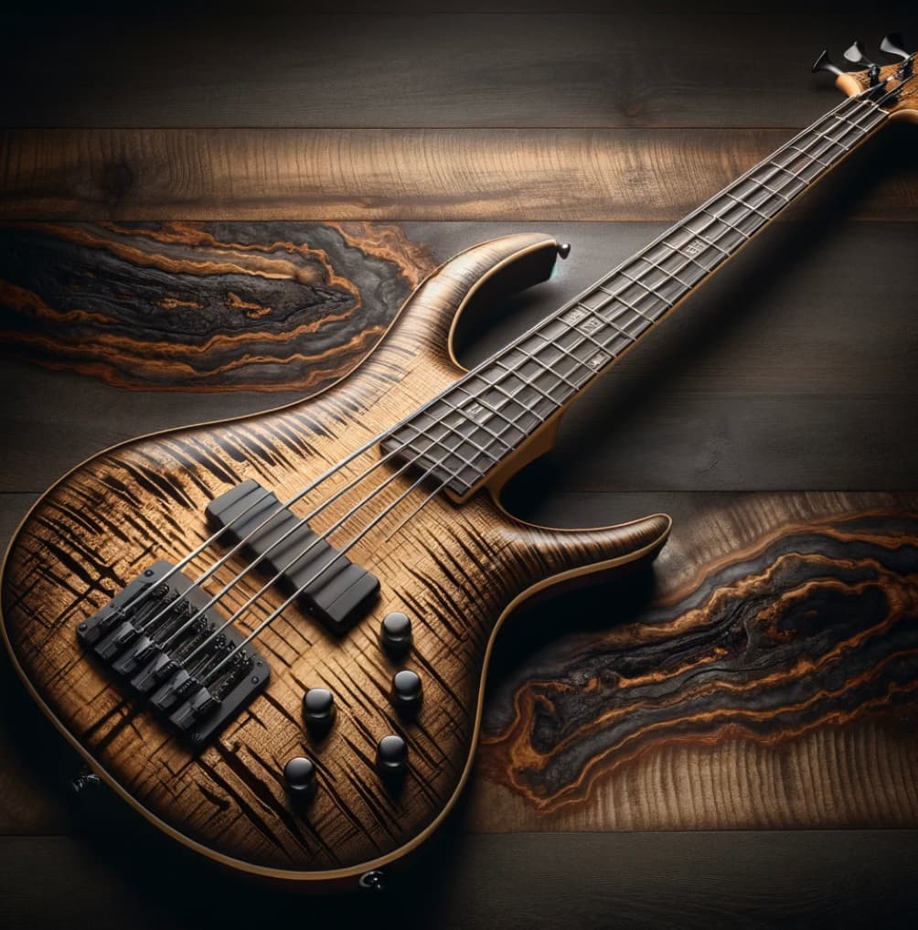 an ESP LTD B-205SM Bass Guitar with spalted maple top set and detailed wood pattern