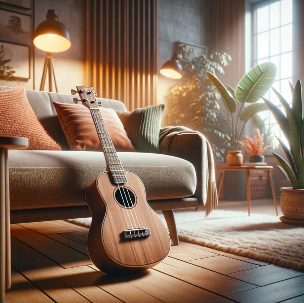 the ukulele placed on a plush sofa, surrounded by warm lighting and indoor plants