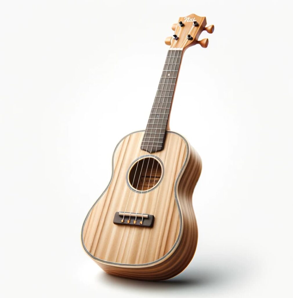 The ukulele with a natural wood finish, detailed fretboard, and nylon strings