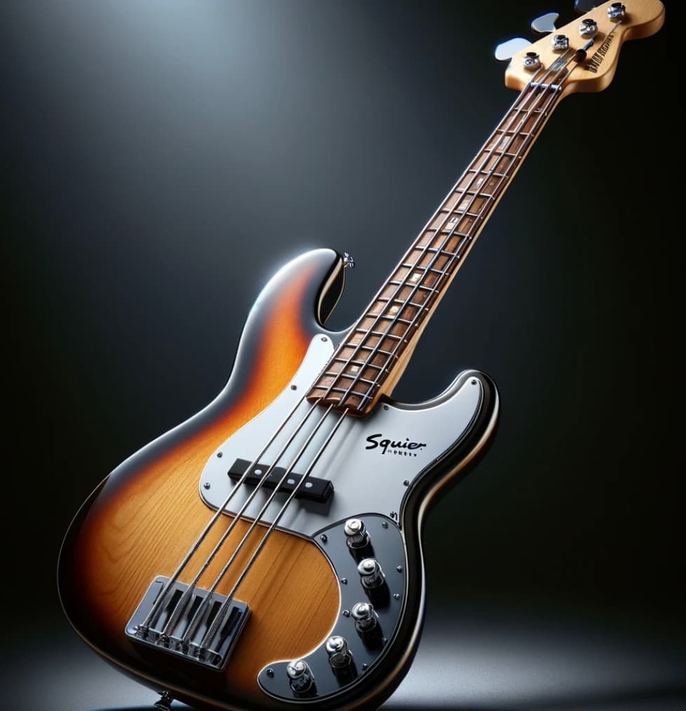 a Squier by Fender Affinity Series Precision Bass in a bright setting
