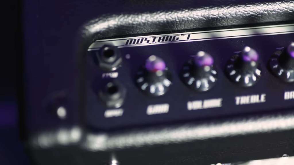 Close-up of a Fender Mustang I electric guitar amplifier's control panel