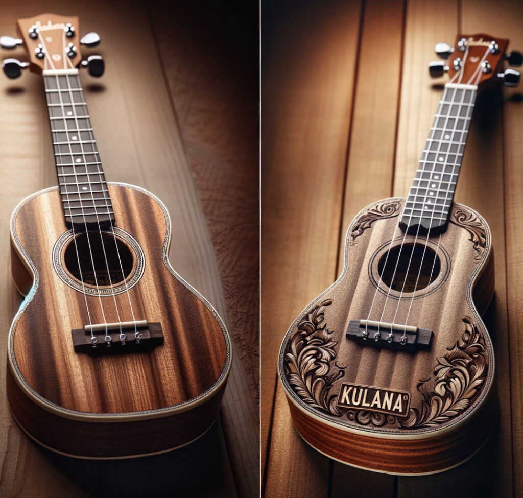 Kulana Tenor Ukulele placed against a wooden background and a close-up view of a Kulana Ukulele's headstock