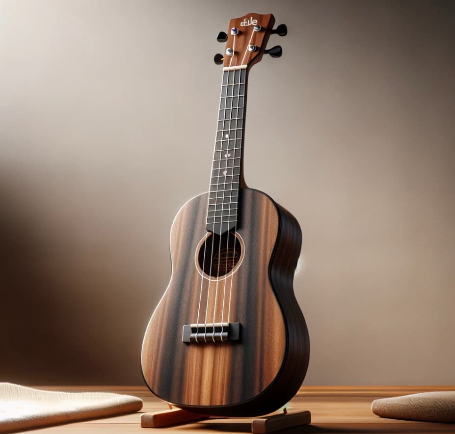 Hilo 2655 Baritone Ukulele displayed on a wooden stand