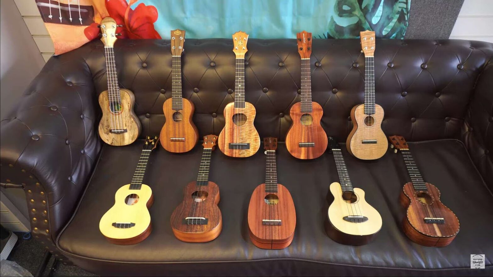 10 soprano ukuleles on the couch