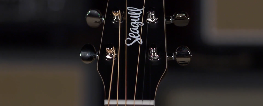 Close-up of a Seagull guitar headstock with tuning pegs and logo